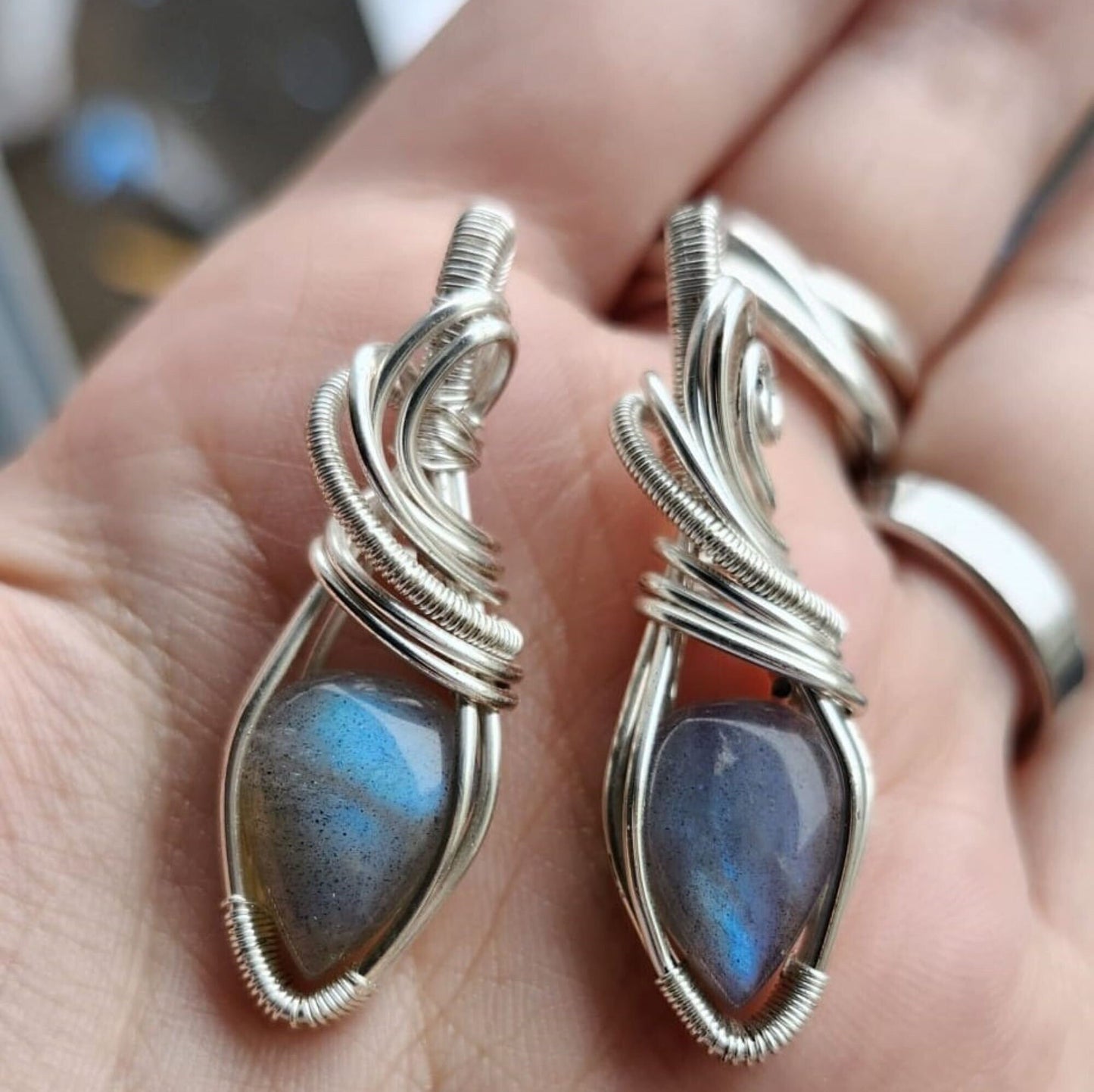 Silver plated wire wrapped Small Labradorite Pendant | Colorful Labradorite Wire Wrapping | Crystal Jewelry, Unique Teardrop Stone Pendant