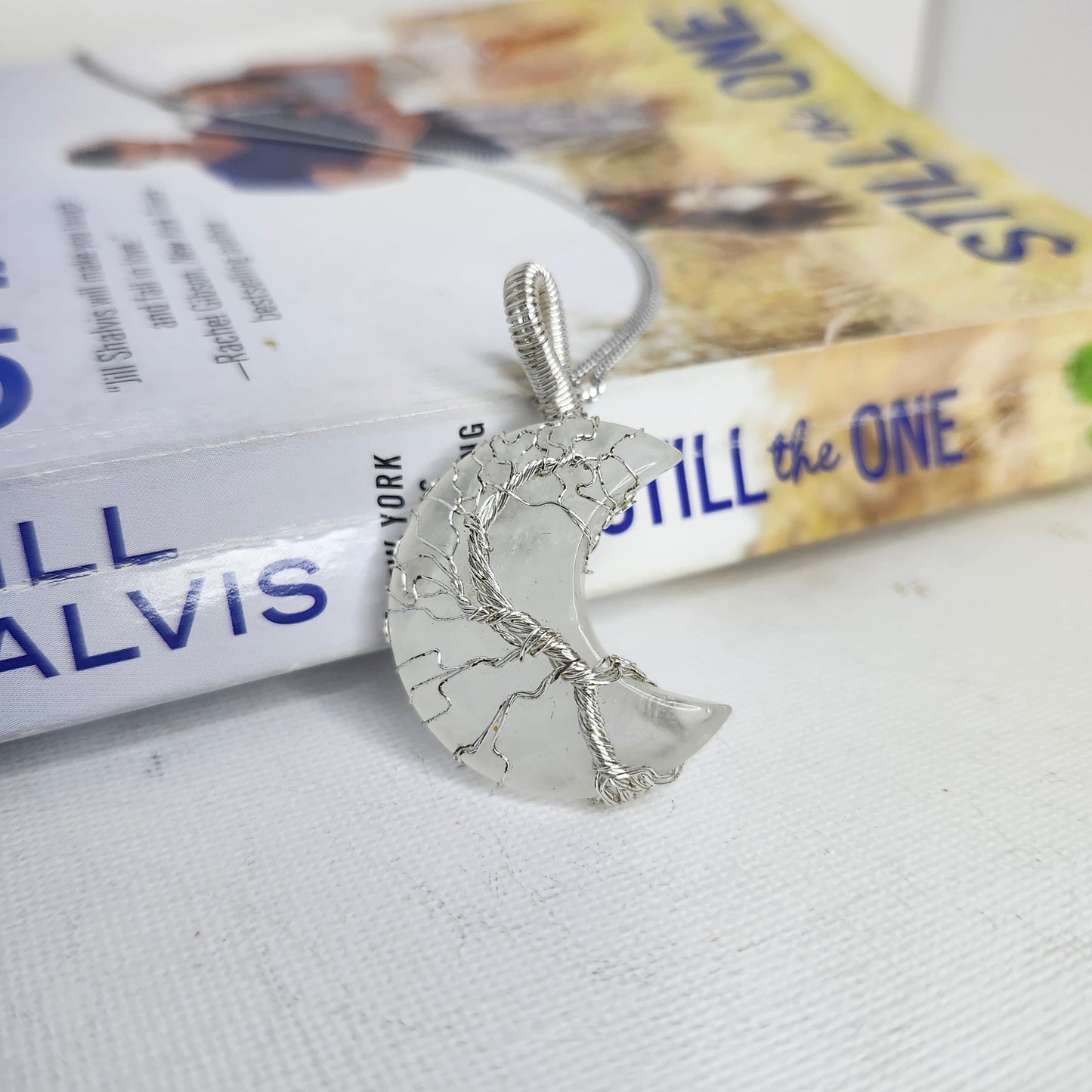 Moon-shaped White Quartz Tree of Life Pendant in Silver Plated Copper Wire | Sterling Silver Omega Chain - Handcrafted Spiritual Jewelry