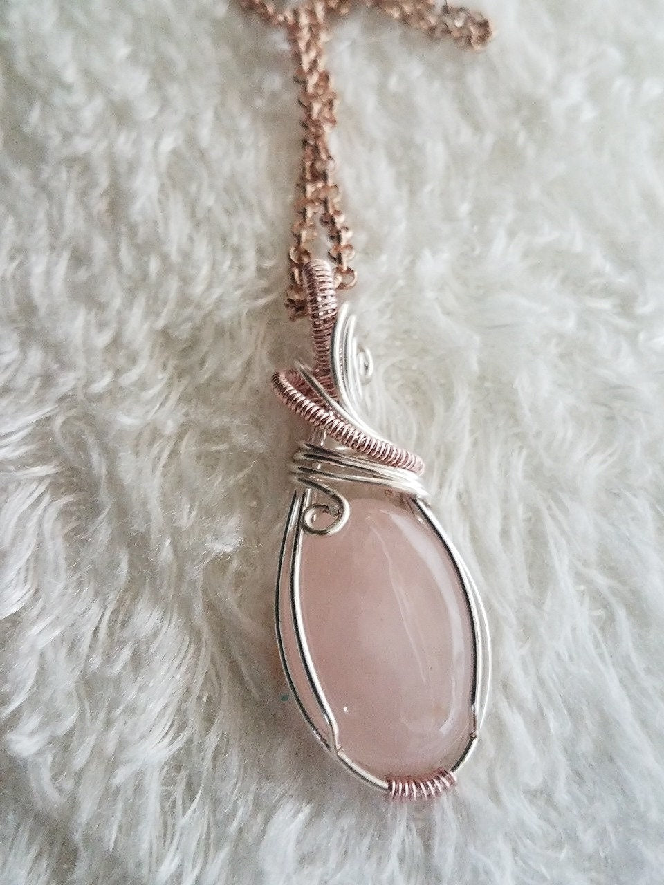 Handcrafted Gemstone Pendants | Rose Quartz wire-wrapped | Rose Gold Silver Sterling Chain | Celtic Style | Stone of love