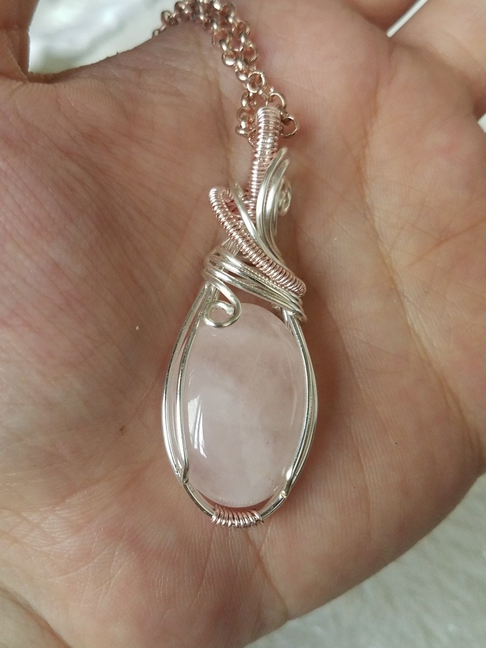 Handcrafted Gemstone Pendants | Rose Quartz wire-wrapped | Rose Gold Silver Sterling Chain | Celtic Style | Stone of love