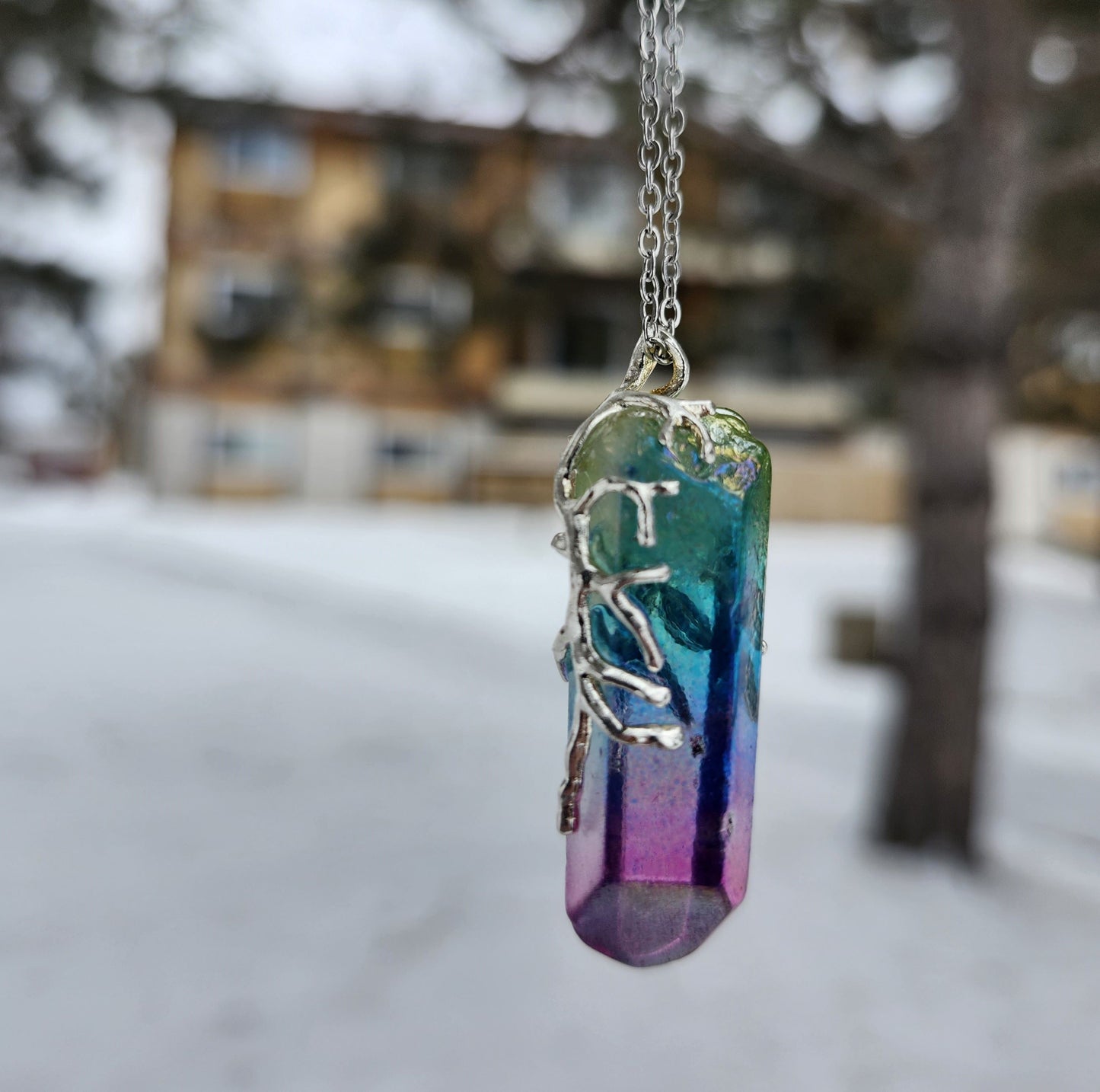 Wire wrap pendant necklace, titanium quartz silver, crystal jewellery, wire wrapped jewelry, bohemian boho, raw stone, cyberpunk accessory