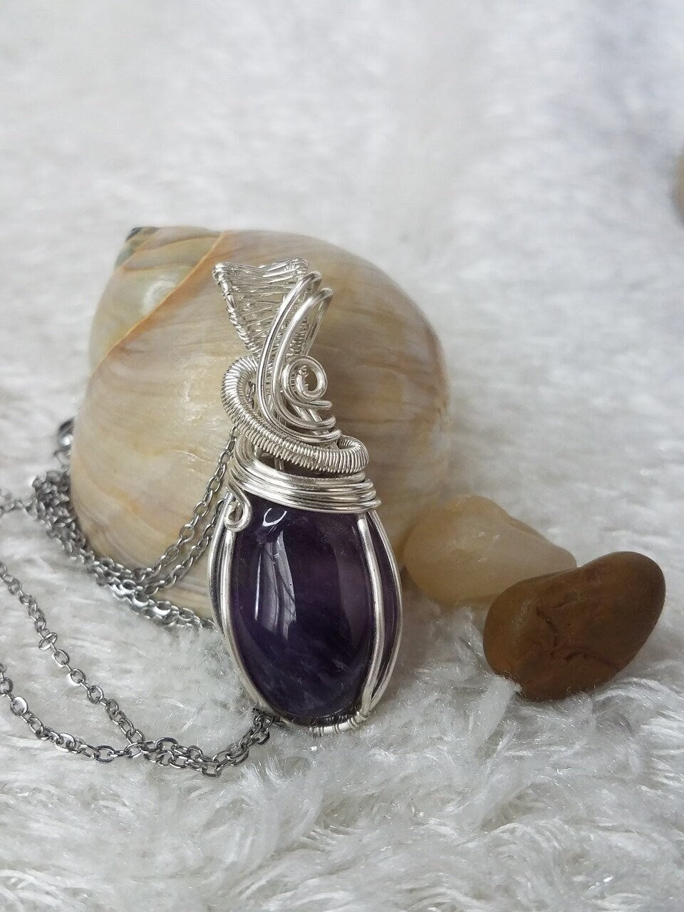 Amethyst Necklace, Amethyst Pendant, Purple Pendant, February Birthstone, Silver plated wire wrapped