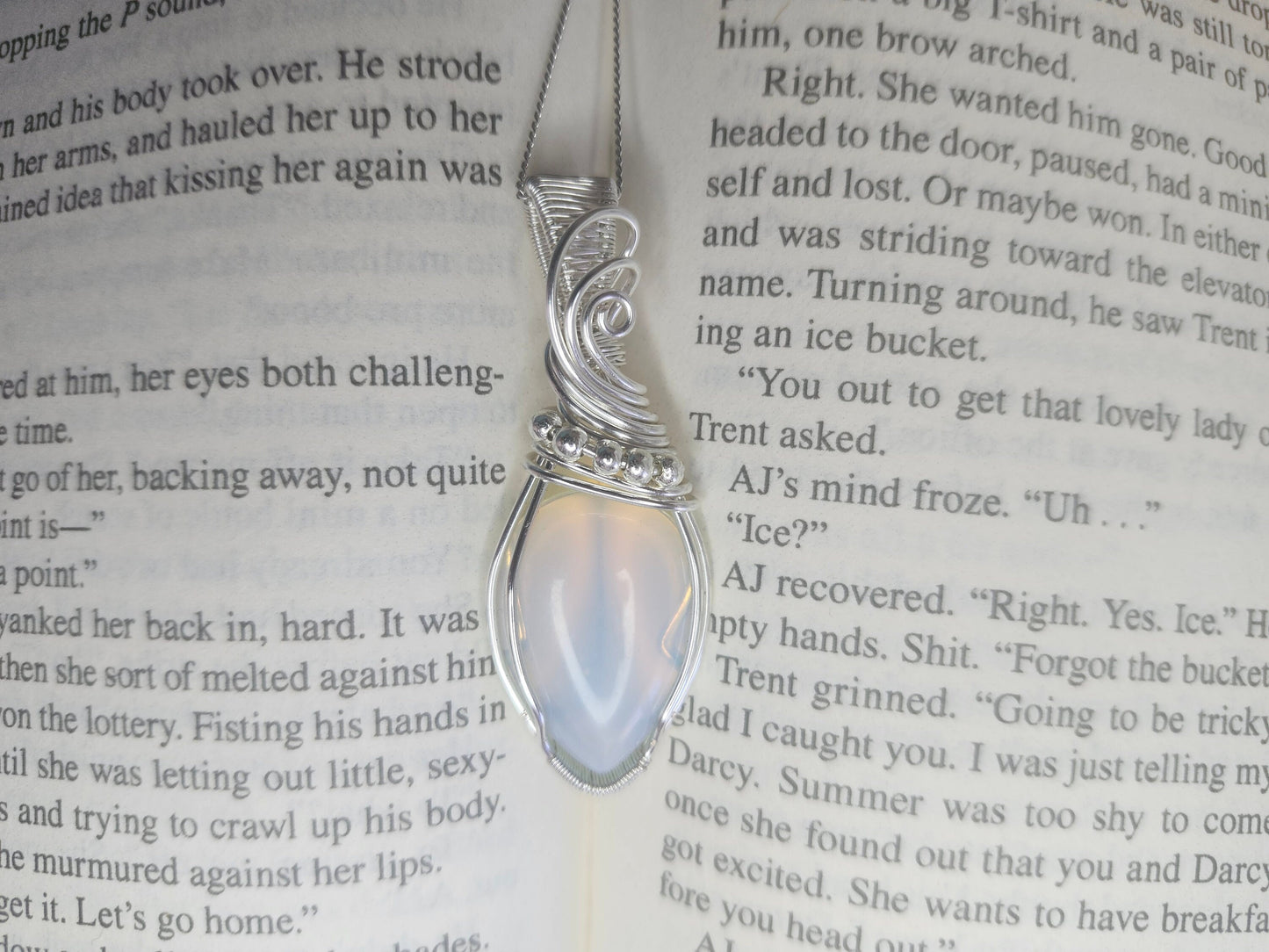 Enchanting Celtic Elegance: Handcrafted Opalite Wire-Wrapped Pendant With Omega Style Silver Sterling Chain | Gifts for her