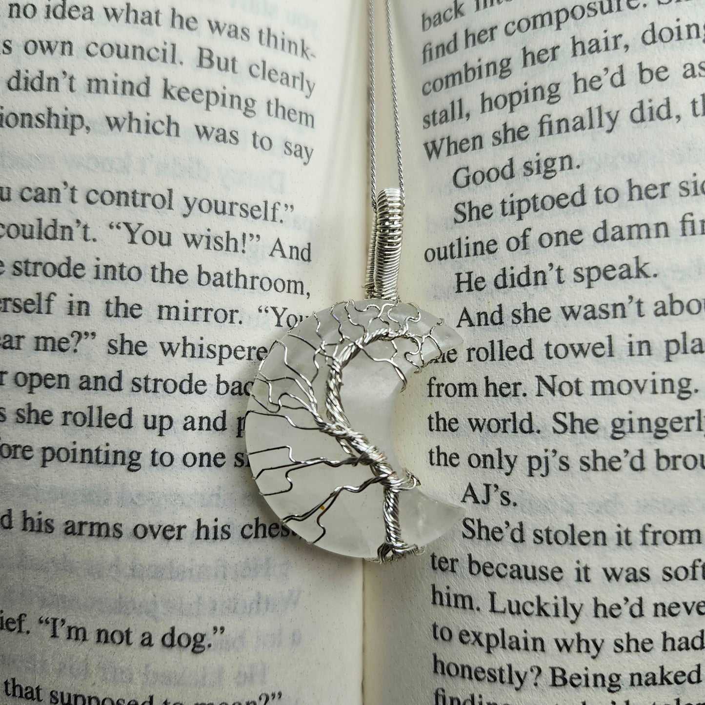 Moon-shaped White Quartz Tree of Life Pendant in Silver Plated Copper Wire | Sterling Silver Omega Chain - Handcrafted Spiritual Jewelry