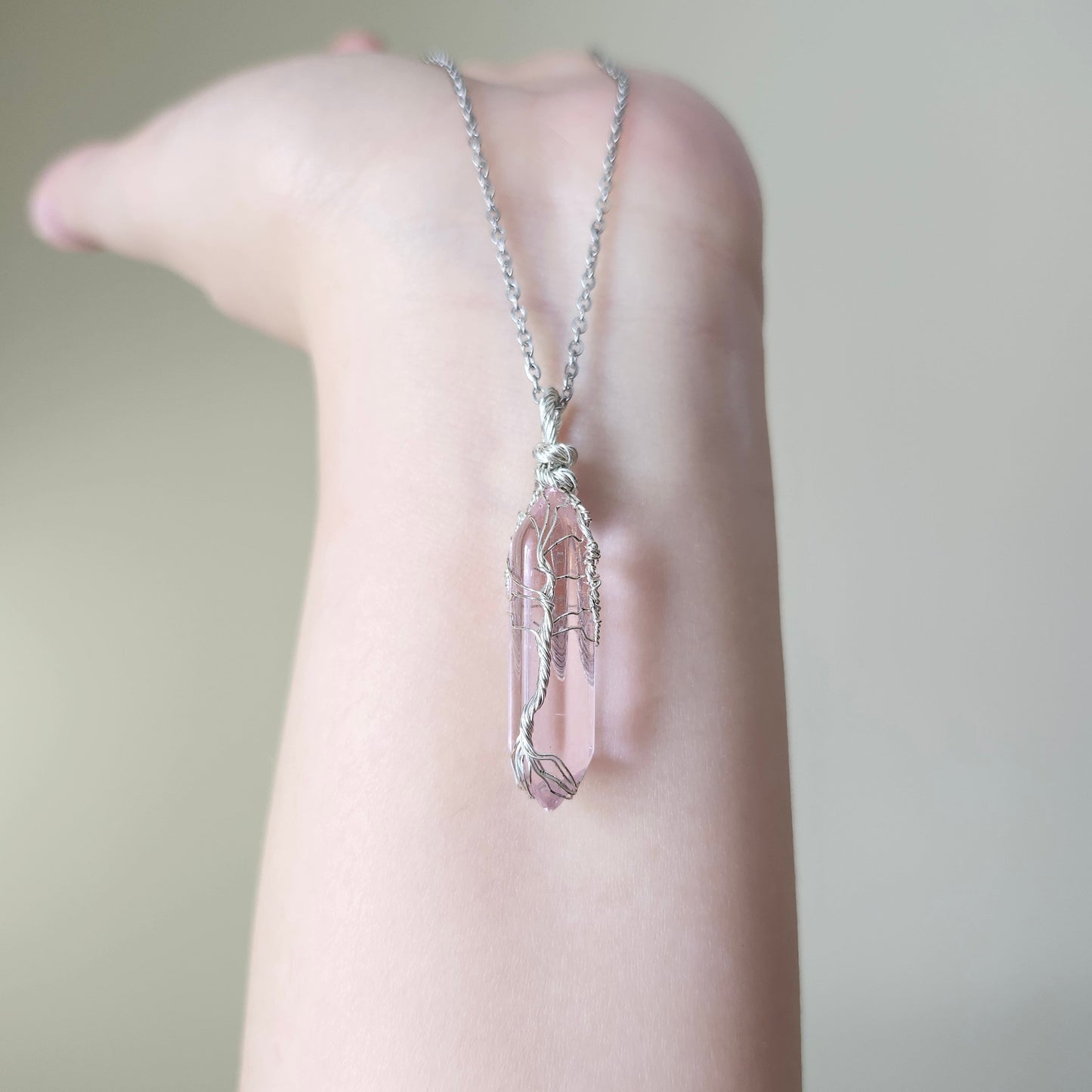 Handcrafted gemstone pendants | Pink crystal stone wire wrapped in silver plated copper wire - Tree of life pendant | Pink pendant