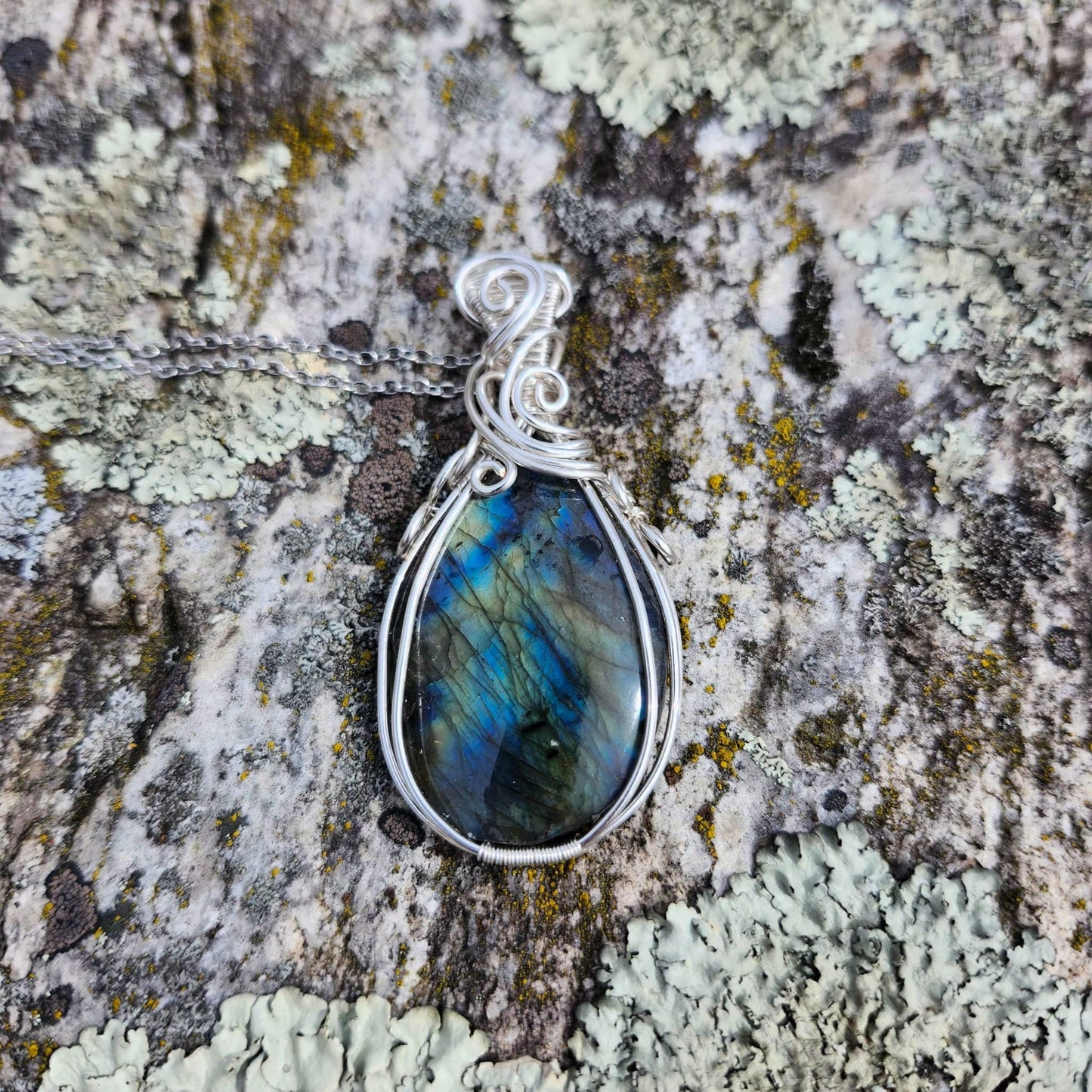 Handmade Sterling Silver Wire Wrap Blue Labradorite Pendant, Jewelry Gemstone Necklace, Gift for her, Mom, Friend, Birthday, Christmas Gift