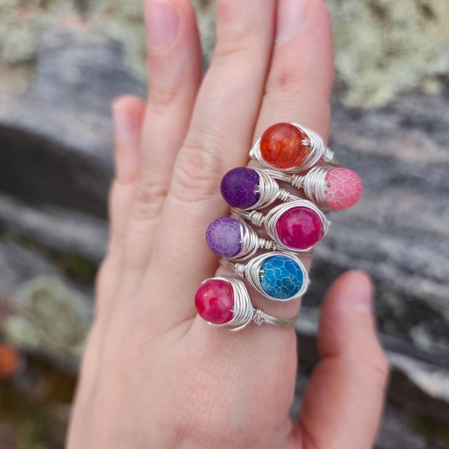 Handmade Agate gemstone rings | Silver Rings | 8mm Round Crystal Wire Wrapped Rings | Unique Rings for Women | Hippie Ring | Spiritual Rings