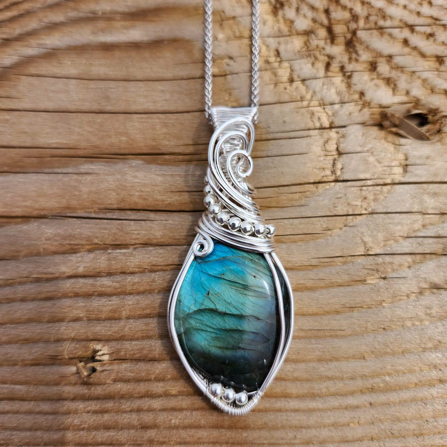 Handmade Sterling Silver Wire Wrap Green Labradorite Pendant, Jewelry Gemstone Necklace, Gift for her, Mom, Friend, Birthday, Christmas Gift