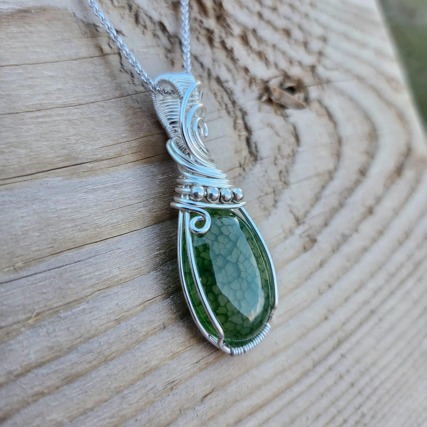 Green Dragon Vein Agate Gemstone Pendant | Silver sterling chain | Aquarius, Gemini, Cancer & Virgo Birthstone | Gifts for her