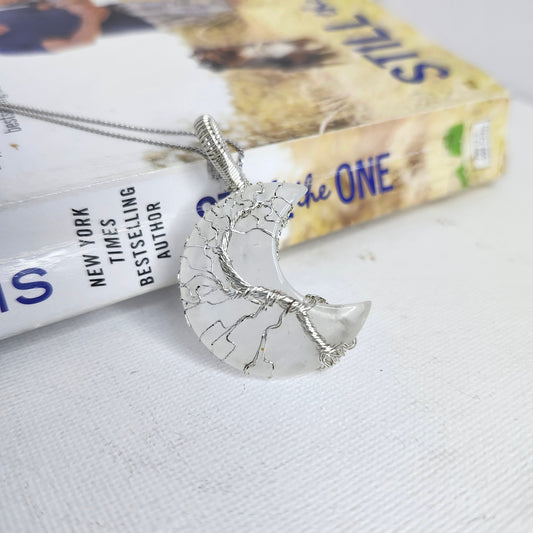 Moon-shaped White Quartz Tree of Life Pendant in Silver Plated Copper Wire | Sterling Silver Omega Chain - Handcrafted Spiritual Jewelry