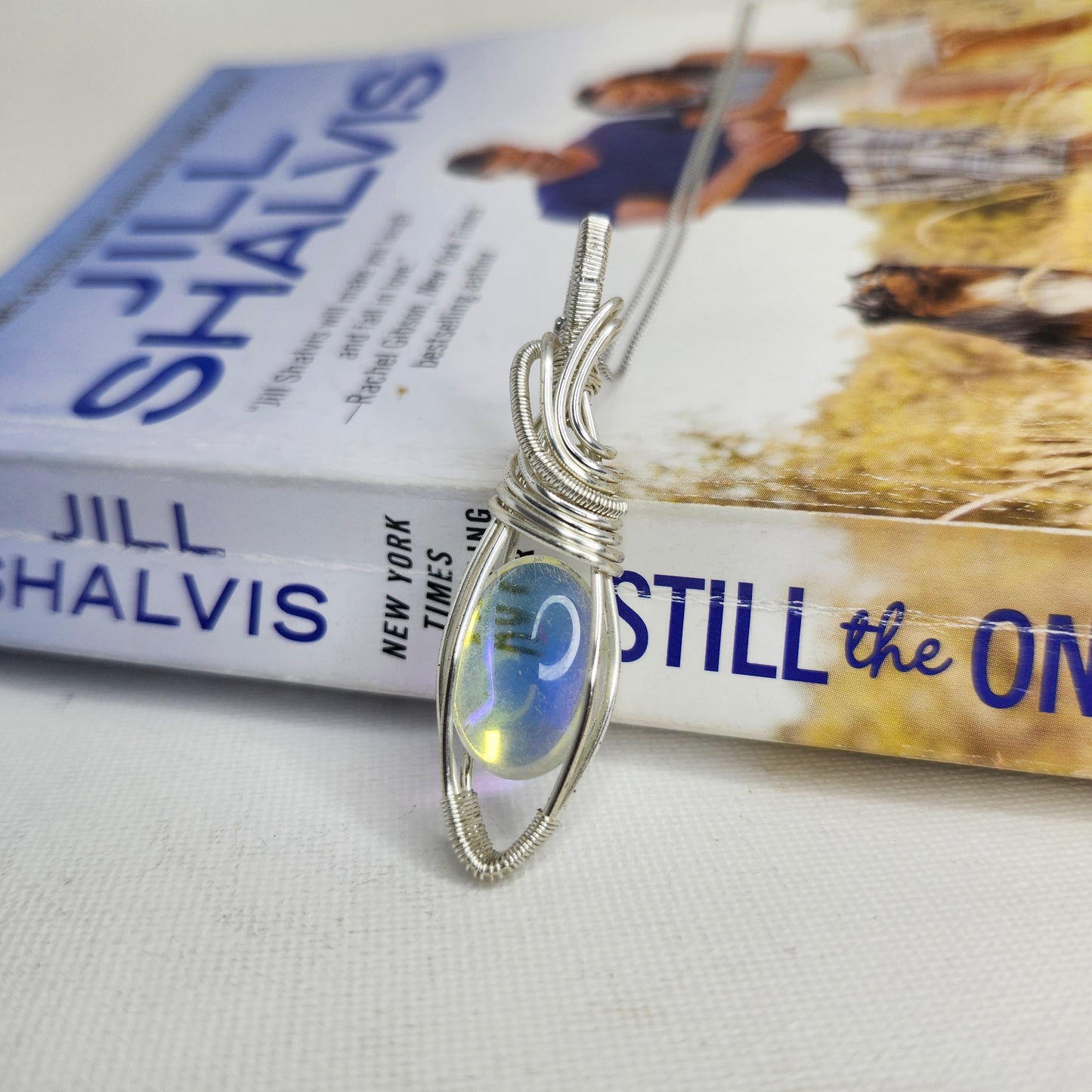 Handcrafted Translucent Elegance: Multi Shine Glass Crystal Pendant with Silver Wrap & Stainless Steel Chain | Glass Pendant