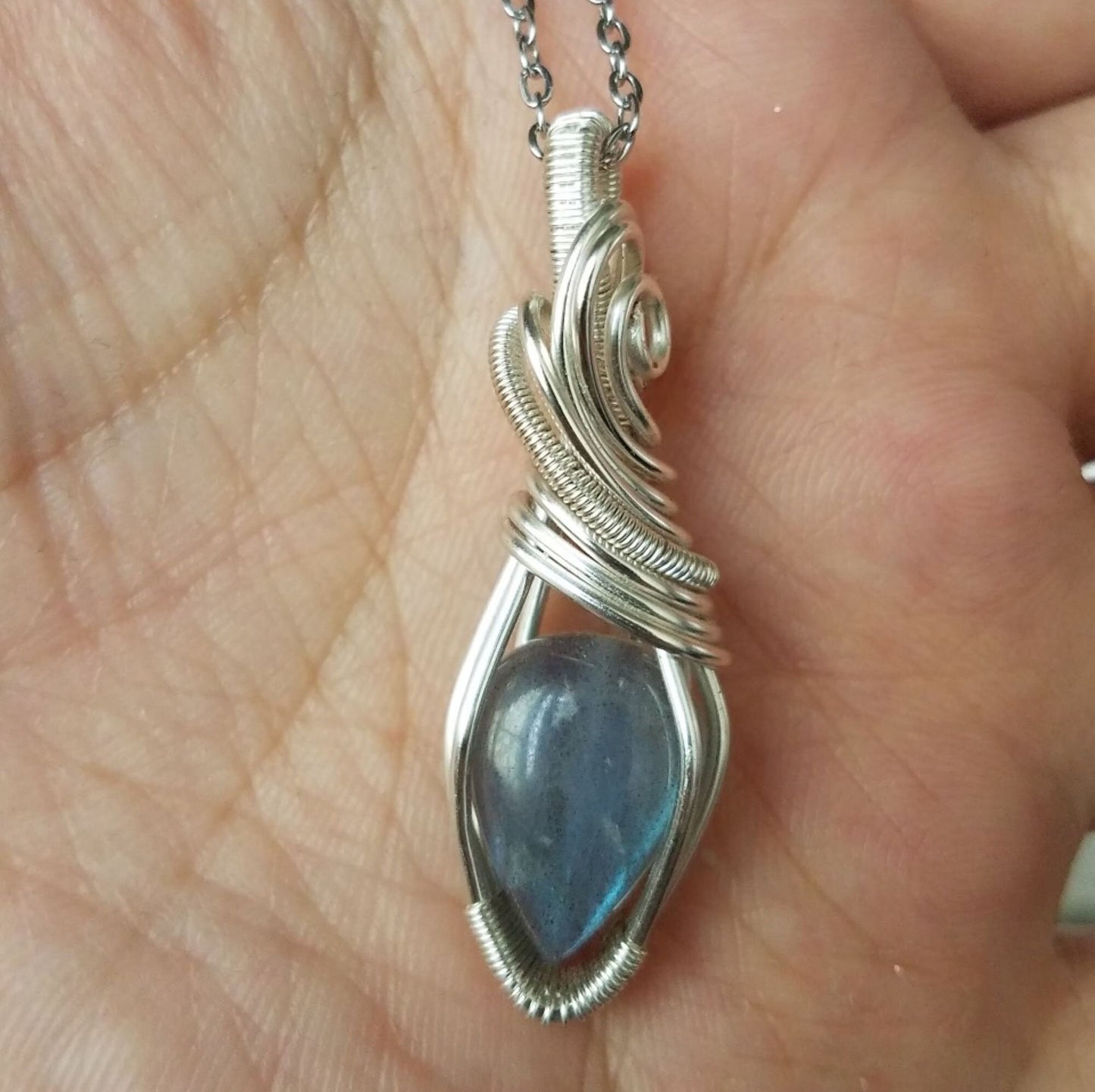 Silver plated wire wrapped Small Labradorite Pendant | Colorful Labradorite Wire Wrapping | Crystal Jewelry, Unique Teardrop Stone Pendant