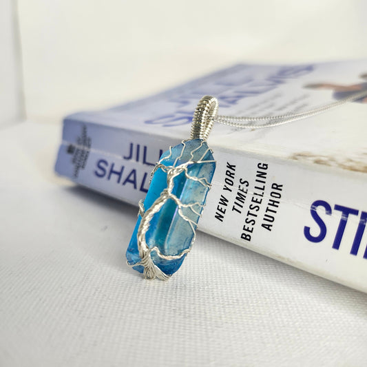 Radiant Raw Aqua Aura Quartz: Tree of Life Elegance with Sterling Silver Shine | Boho & Hippie Style