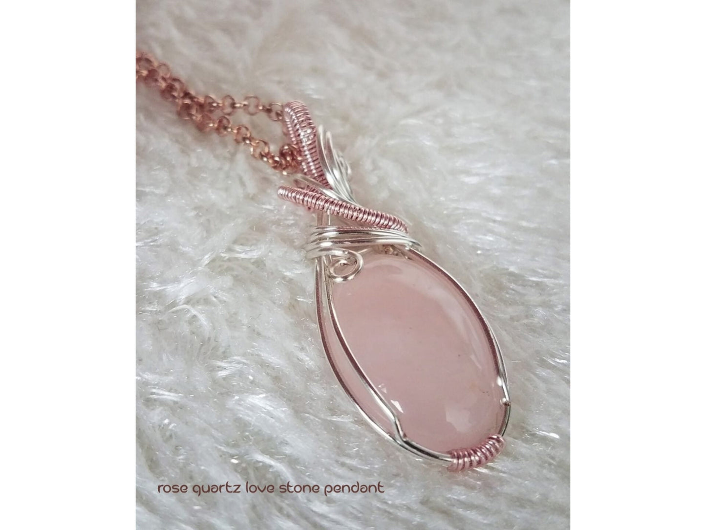 Handcrafted Gemstone Pendants | Rose Quartz wire-wrapped | Rose Gold Silver Sterling Chain | Celtic Style | Stone of love