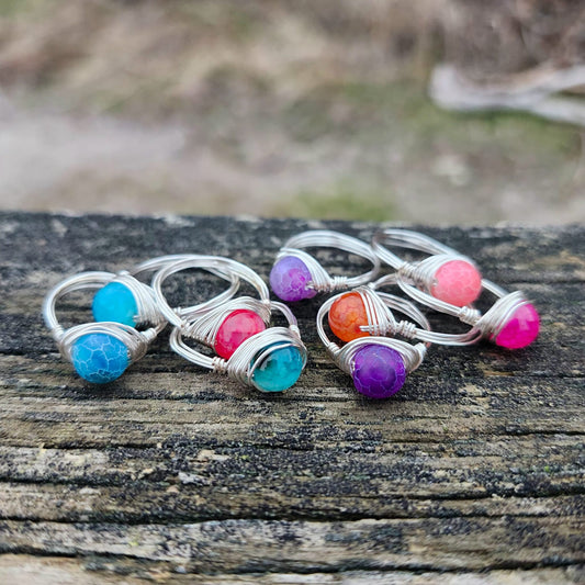 Handmade Agate gemstone rings | Silver Rings | 8mm Round Crystal Wire Wrapped Rings | Unique Rings for Women | Hippie Ring | Spiritual Rings