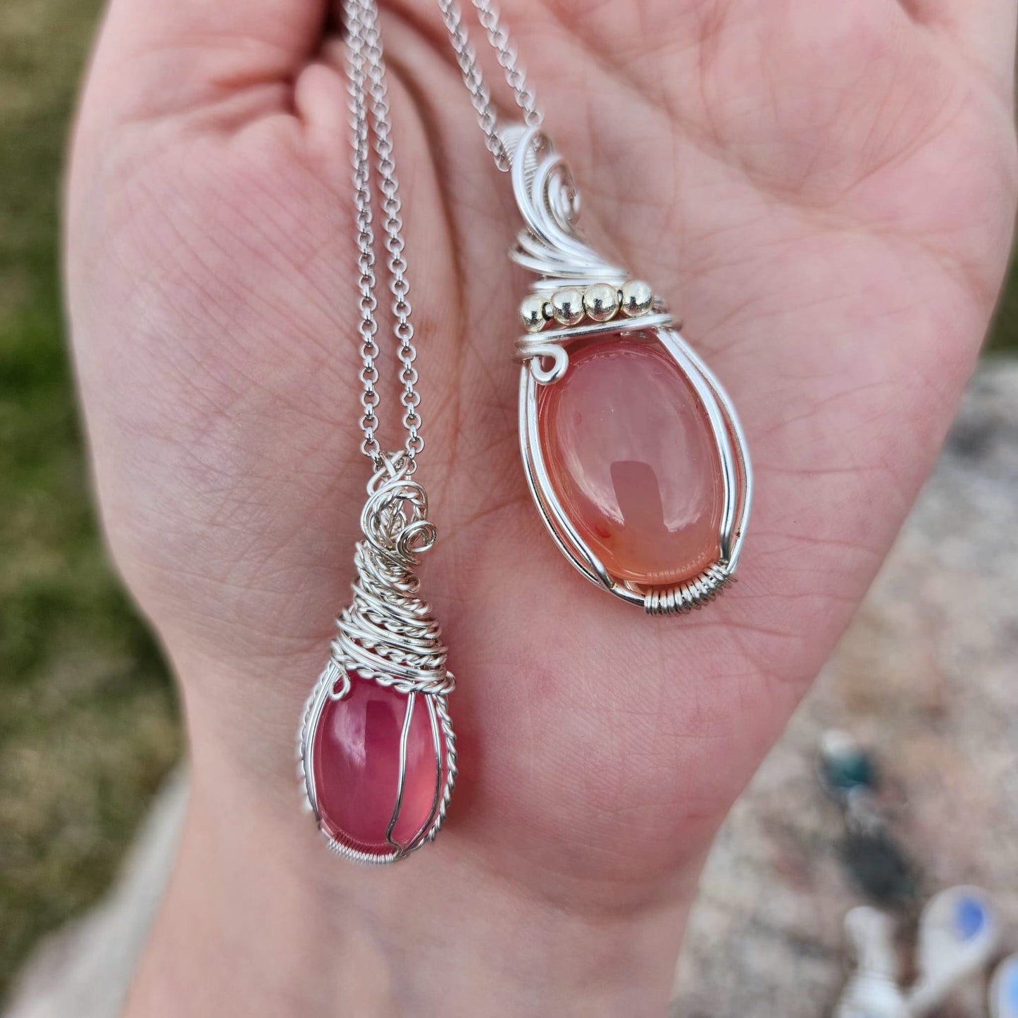 Mama & Me Necklace Gemstone handmade jewelry  | Pink Garnets wrapped in silver plated wire | Silver sterling chain | Mother's Day